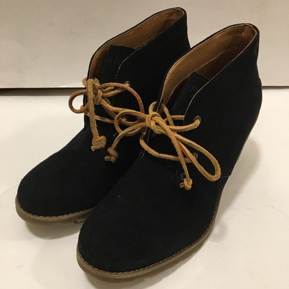 Sperry Top Sider Harlow Black Suede Wedge Booties - Picture 2 of 14